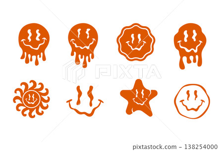 Retro groovy melting smiley face vectors, Retro psychedelic melting smiling face vectors, 70s psychedelic aesthetic vectors -V02. 138254000