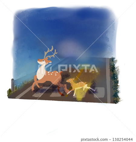An illustration of a mother deer and her fawn crossing a road in the early morning fog. (Image caption: Animal warning in poor visibility conditions; traffic safety material) An illustration of a mother deer and her fawn crossing a road in the early morning fog. (Image caption: Animal warning in poor visibility conditions; traffic safety material) 138254044