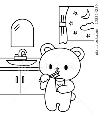 Cute bear brushing its teeth coloring page (line drawing) - Lifestyle, cavity prevention, illustration, nighttime Cute bear brushing its teeth coloring page (line drawing) - Lifestyle, cavity prevention, illustration, nighttime 138254280