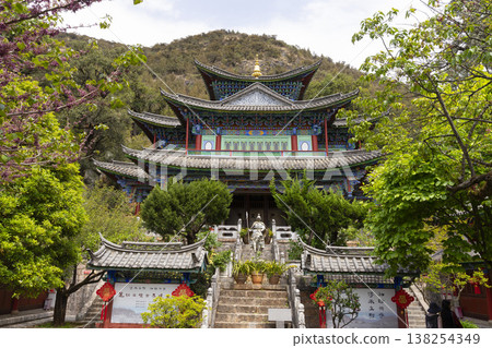 Lijiang, China - April 12, 2024 : Five Phoenix Pavilion originally named Fuyun Pavilion, is located at the northern end of Black Dragon Pool Park in Lijiang, China on April 12, 2024. Lijiang, China - April 12, 2024 : Five Phoenix Pavilion originally named Fuyun Pavilion, is located at the northern end of Black Dragon Pool Park in Lijiang, China on April 12, 2024. 138254349