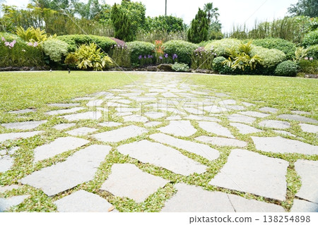 Idyllic Garden Path with Lush Greenery and Stone Walkway Idyllic Garden Path with Lush Greenery and Stone Walkway 138254898