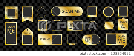 Scan me Frame. Retail shopping sticker. Blank barcode and QR code for mobile payment. Set of Luxury Gold Payment stickers. Vector illustration Scan me Frame. Retail shopping sticker. Blank barcode and QR code for mobile payment. Set of Luxury Gold Payment stickers. Vector illustration 138254951
