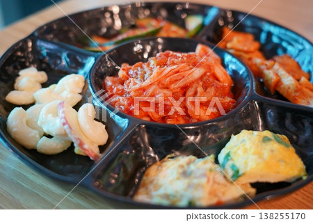 Korean Side Dishes Kimchi Macaroni Salad and Egg Korean Side Dishes Kimchi Macaroni Salad and Egg 138255170