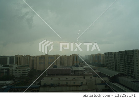 Stormy Weather and Lightning Over Urban Cityscape 138255171