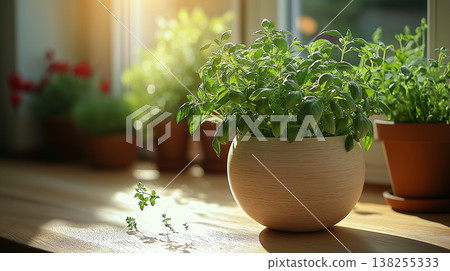 這是一個充滿自然光的廚房，裡面種植著新鮮的香草，營造出自然的生活空間。 138255333