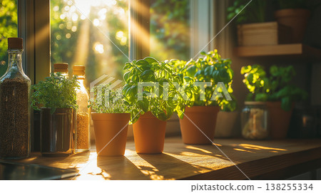 這是一個充滿自然光的廚房，裡面種植著新鮮的香草，營造出自然的生活空間。 138255334