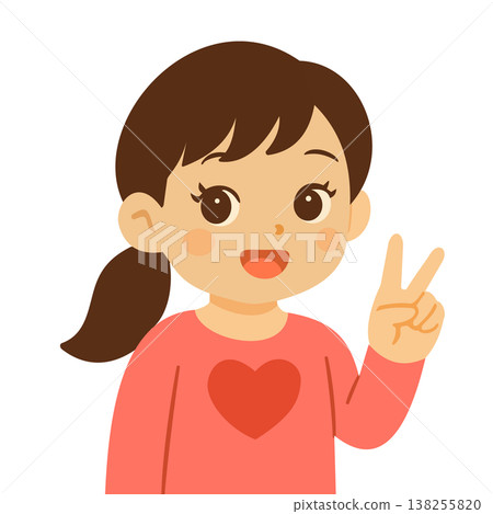 An illustration of a girl smiling and making a peace sign. 138255820