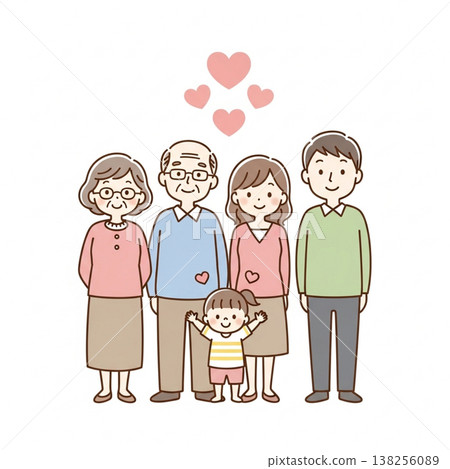 一幅簡單可愛的三代同堂家庭插圖:展現了日本家庭的笑容和愛;扁平化設計,白色背景。 一幅簡單可愛的三代同堂家庭插圖:展現了日本家庭的笑容和愛;扁平化設計,白色背景。 138256089