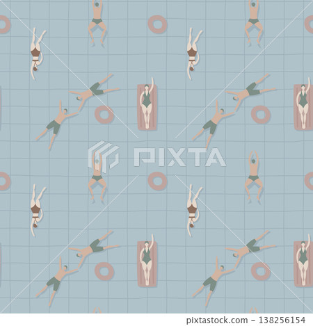 Muted Earth Tone Swimming Pool Seamless Pattern with Swimmers, Pastel repeat pattern background, flat jpg illustration graphic design Muted Earth Tone Swimming Pool Seamless Pattern with Swimmers, Pastel repeat pattern background, flat jpg illustration graphic design 138256154