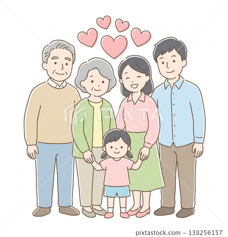 一幅簡單可愛的三代同堂家庭插圖:展現了日本家庭的笑容和愛;扁平化設計,白色背景。 一幅簡單可愛的三代同堂家庭插圖:展現了日本家庭的笑容和愛;扁平化設計,白色背景。 138256157