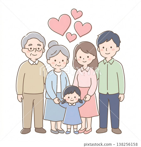一幅簡單可愛的三代同堂家庭插圖:展現了日本家庭的笑容和愛;扁平化設計,白色背景。 一幅簡單可愛的三代同堂家庭插圖:展現了日本家庭的笑容和愛;扁平化設計,白色背景。 138256158