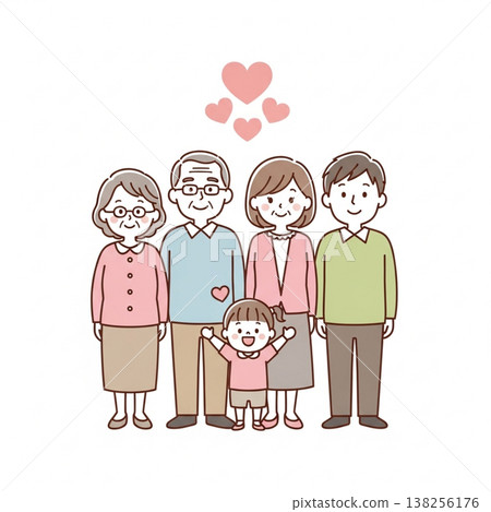 一幅簡單可愛的三代同堂家庭插圖:展現了日本家庭的笑容和愛;扁平化設計,白色背景。 一幅簡單可愛的三代同堂家庭插圖:展現了日本家庭的笑容和愛;扁平化設計,白色背景。 138256176