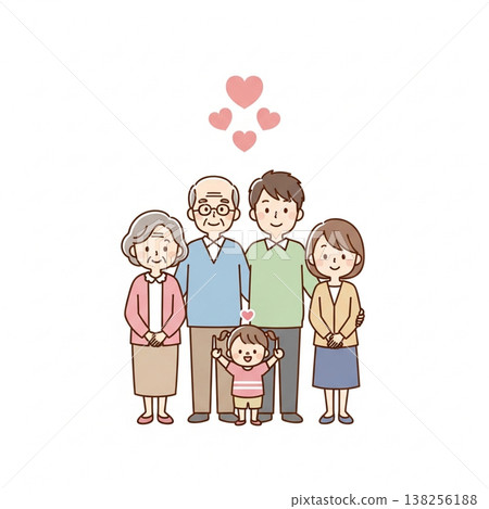一幅簡單可愛的三代同堂家庭插圖:展現了日本家庭的笑容和愛;扁平化設計,白色背景。 一幅簡單可愛的三代同堂家庭插圖:展現了日本家庭的笑容和愛;扁平化設計,白色背景。 138256188