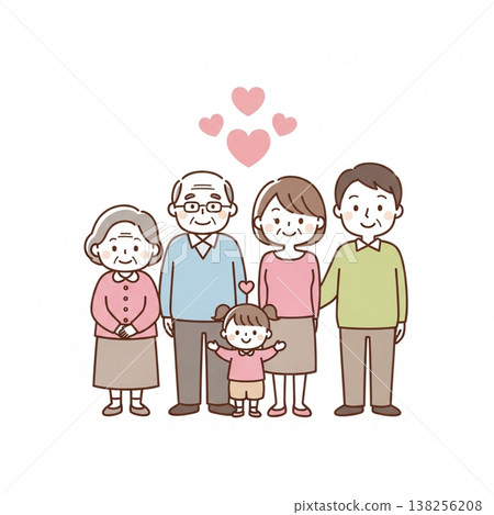 一幅簡單可愛的三代同堂家庭插圖：展現了日本家庭的笑容和愛；扁平化設計，白色背景。 138256208