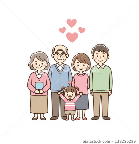 一幅簡單可愛的三代同堂家庭插圖:展現了日本家庭的笑容和愛;扁平化設計,白色背景。 一幅簡單可愛的三代同堂家庭插圖:展現了日本家庭的笑容和愛;扁平化設計,白色背景。 138256289