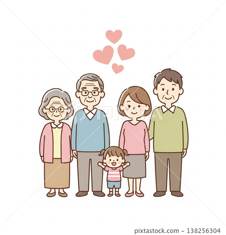 一幅簡單可愛的三代同堂家庭插圖:展現了日本家庭的笑容和愛;扁平化設計,白色背景。 一幅簡單可愛的三代同堂家庭插圖:展現了日本家庭的笑容和愛;扁平化設計,白色背景。 138256304