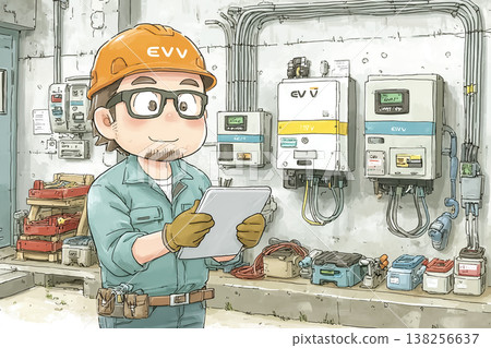 男性電氣工程師正在檢查電動車設備 | 圖示他正在檢查控制面板和配電盤。 138256637