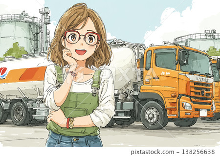 工業園區內，一名女員工正在操作油罐車 | 插圖描繪了工業物流工作。 138256638