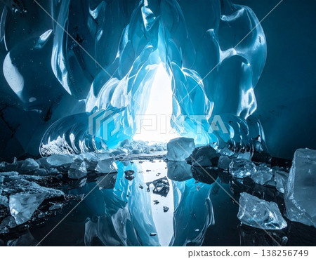 冰洞內部。一片奇幻的藍色冰層與光線交織的景象。 冰洞內部。一片奇幻的藍色冰層與光線交織的景象。 138256749
