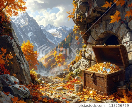 A landscape of abandoned mines on rocky mountains adorned with autumn foliage and treasure chests overflowing with gold. A landscape of abandoned mines on rocky mountains adorned with autumn foliage and treasure chests overflowing with gold. 138256759