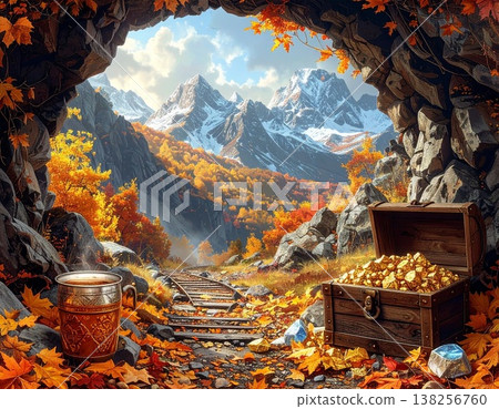 A landscape of abandoned mines on rocky mountains adorned with autumn foliage and treasure chests overflowing with gold. A landscape of abandoned mines on rocky mountains adorned with autumn foliage and treasure chests overflowing with gold. 138256760