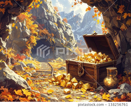 A landscape of abandoned mines on rocky mountains adorned with autumn foliage and treasure chests overflowing with gold. A landscape of abandoned mines on rocky mountains adorned with autumn foliage and treasure chests overflowing with gold. 138256761