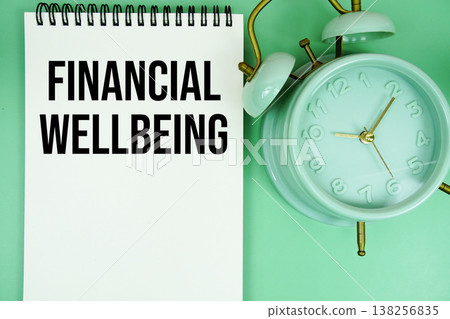 Financial Wellbeing text with alarm clock flat lay on green background 138256835