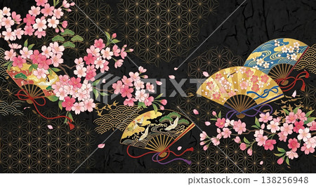Japanese style black background luxury card background material with cherry blossoms and plants inspired by the New Year 138256948