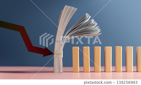 Red Arrow pushing US dollar stack onto dominos, Economic risk Red Arrow pushing US dollar stack onto dominos, Economic risk 138256983