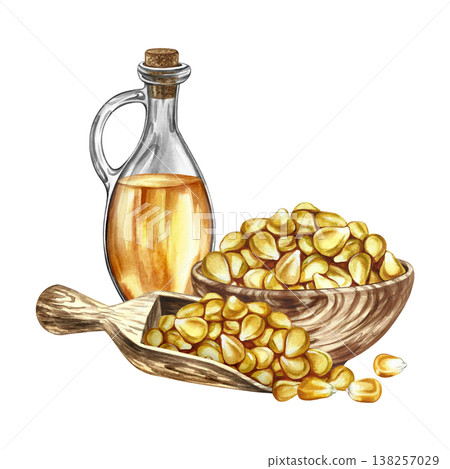Corn oil. Hand-drawn watercolor illustration. Corn kernels in a wooden bowl and a wooden scoop, and a bottle of oil. Perfect for labels and packaging, as well as menus, banners, posters, and more. 138257029