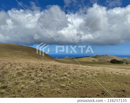 從特雷巴卡山遠足徑上可以欣賞到草原和太平洋的景色,以及復活節島。 從特雷巴卡山遠足徑上可以欣賞到草原和太平洋的景色,以及復活節島。 138257135