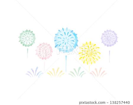 Colorful Fireworks in a Horizontal Row - Watercolor Illustration - Cute, Soft, Pastel - Summer Banner Background Material Colorful Fireworks in a Horizontal Row - Watercolor Illustration - Cute, Soft, Pastel - Summer Banner Background Material 138257440