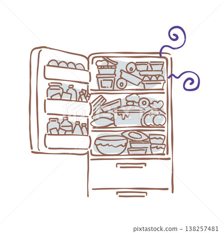 An illustration of the contents of a messy refrigerator. 138257481