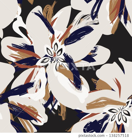 Floral Fashion Textile Pattern Abstract Brushstroke Flower Design In Beige Navy Brown And White Decorative Surface Print 138257518