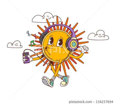 Groovy hippie sun cartoon character walking with headphones and music player, surrounded by melody notes. Vector retro summer personage with y2k vibe, cheerful mood, and playful funky holiday energy 138257694