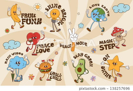 Retro y2k groovy stickers with cartoon heart, avocado, burger, mushroom and earth planet characters spread positive messages like peace love, stay green and grill chill. Vector psychedelic patches set Retro y2k groovy stickers with cartoon heart, avocado, burger, mushroom and earth planet characters spread positive messages like peace love, stay green and grill chill. Vector psychedelic patches set 138257696