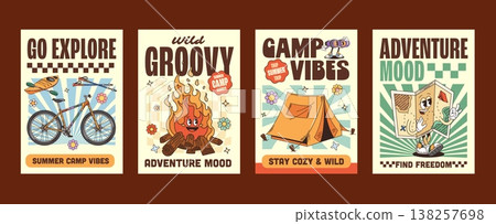 Funky adventure, camping and travel groovy hippie characters posters. Retro 1970s posters featuring vector smiling map, campfire, travel tent, bicycle, kayak and trekking poles 138257698