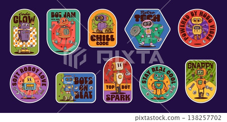 Groovy robot stickers, droid characters patches set. Cartoon vector hippie retro vintage robots with tools, mechanical parts and y2k nostalgic slogans. Code glow, bot jam, chill code and retro tech 138257702