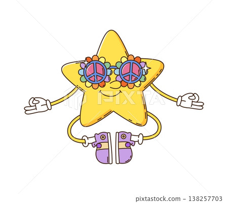 Cartoon groovy star character. Funky smiling star sits in a peaceful lotus pose, wearing vibrant purple sneakers and flower shaped sunglasses. Retro vector personage for quirky meditation app mascot 138257703