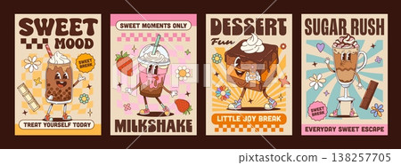 Sweet dessert characters on Y2K groovy posters with funny pastry, cartoon vector. Groovy retro posters with funky chocolate, milkshake with bubble tea and strawberry smoothie dessert with happy face 138257705