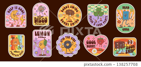 Groovy label stickers and funky retro patches of 70s disco vibe with cheese and suitcase, donut book and clover, vinyl record, pumpkin and lemon, disco ball and strawberry cartoon vector characters Groovy label stickers and funky retro patches of 70s disco vibe with cheese and suitcase, donut book and clover, vinyl record, pumpkin and lemon, disco ball and strawberry cartoon vector characters 138257708