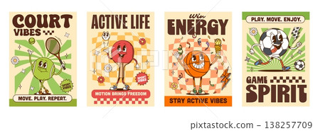 Sports y2k groovy hippie posters with happy characters. Vector retro mascots of tennis racket, ping pong paddle, basketball or soccer balls. Slogans win energy, game spirit, active life, court vibes Sports y2k groovy hippie posters with happy characters. Vector retro mascots of tennis racket, ping pong paddle, basketball or soccer balls. Slogans win energy, game spirit, active life, court vibes 138257709