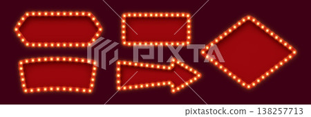 Retro lightboxes or light bulb marquee frames of Broadway billboard and circus board, vector signage. Retro lightbox with arrow for casino or cabaret and cinema movie theater banner with lamps frame Retro lightboxes or light bulb marquee frames of Broadway billboard and circus board, vector signage. Retro lightbox with arrow for casino or cabaret and cinema movie theater banner with lamps frame 138257713