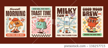 Funky groovy hippie breakfast food characters posters. Vector playful croissant, toaster, milk bottle, and coffee cup. Groovy psychedelic mascots for dinner walls, kitchen decor, nostalgic merchandise Funky groovy hippie breakfast food characters posters. Vector playful croissant, toaster, milk bottle, and coffee cup. Groovy psychedelic mascots for dinner walls, kitchen decor, nostalgic merchandise 138257715