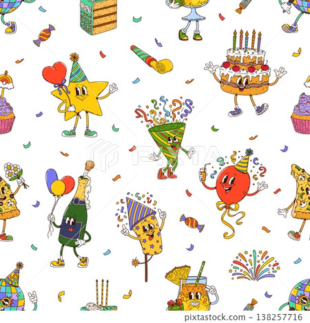 Seamless pattern of groovy birthday holiday characters. Vector tile background with cute cartoon balloon, cake, pizza, confetti, cupcake and drinks with smiling faces, party hats, festive accessories 138257716