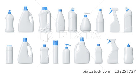 3d realistic detergent, laundry and cleaner bottles, household chemical product packages. Vector plastic tubes, blank packages of cleanser, liquid soap and stain remover, bleach containers mockup 138257727