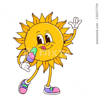 Funny groovy sun character holding melting popsicle. Cartoon vector hippie sunny personage with bright rays, cheerful face, vintage sneakers and playful pose creating a cute retro y2k warm summer vibe Funny groovy sun character holding melting popsicle. Cartoon vector hippie sunny personage with bright rays, cheerful face, vintage sneakers and playful pose creating a cute retro y2k warm summer vibe 138257734