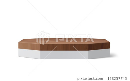 Realistic 3d wooden podium for cosmetic products promotion. Vector hexagonal studio stage with white plate for cosmetics and natural beauty product presentation. Display mockup for branding showcase Realistic 3d wooden podium for cosmetic products promotion. Vector hexagonal studio stage with white plate for cosmetics and natural beauty product presentation. Display mockup for branding showcase 138257743