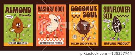 Nuts, bean and seed groovy hippie characters posters with cartoon almond, cashew, coconut and sunflower. Vector groovy hippie nut and seed retro personages promoting natural and organic product mood 138257744