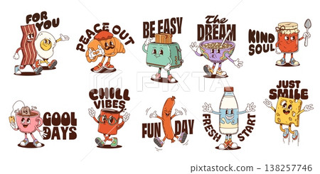 Breakfast funky y2k groovy hippie characters stickers with vector slogans and phrases. For you, peace out, be easy, the dream and kind soul. Cool days, chill vibes, fun day, fresh start and just smile Breakfast funky y2k groovy hippie characters stickers with vector slogans and phrases. For you, peace out, be easy, the dream and kind soul. Cool days, chill vibes, fun day, fresh start and just smile 138257746